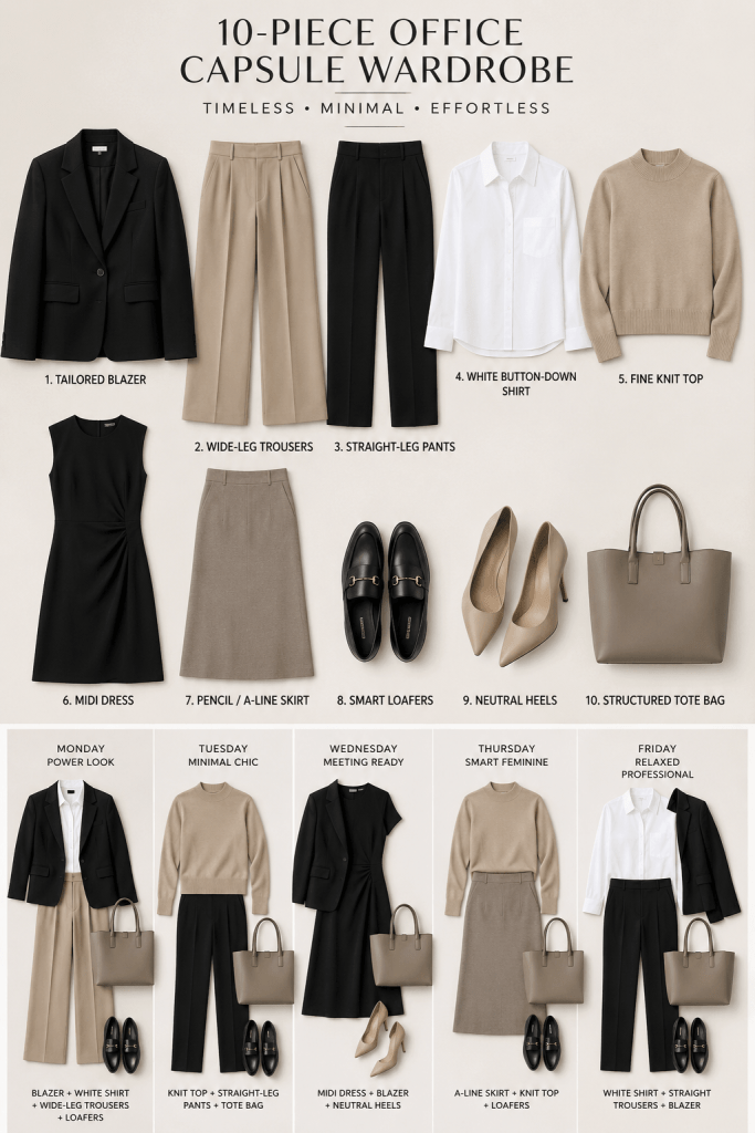 Flat lay infographic showing a 10-piece minimalist office capsule wardrobe for 2026 with blazer, trousers, white shirt, knit top, dress, skirt, loafers, heels, tote bag, and office outfit combinations.