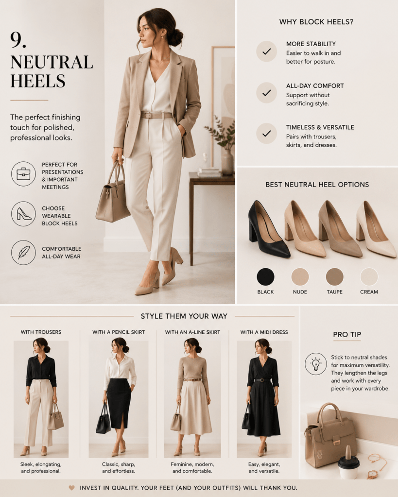 Fashion infographic featuring neutral block heels styled for office wear, showcasing elegant professional footwear, versatile outfit combinations, and polished minimalist workwear inspiration.