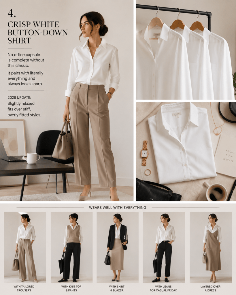 Crisp white button-down shirt fashion infographic showcasing versatile office styling ideas, including tailored trousers, layering options, and timeless professional wardrobe combinations.