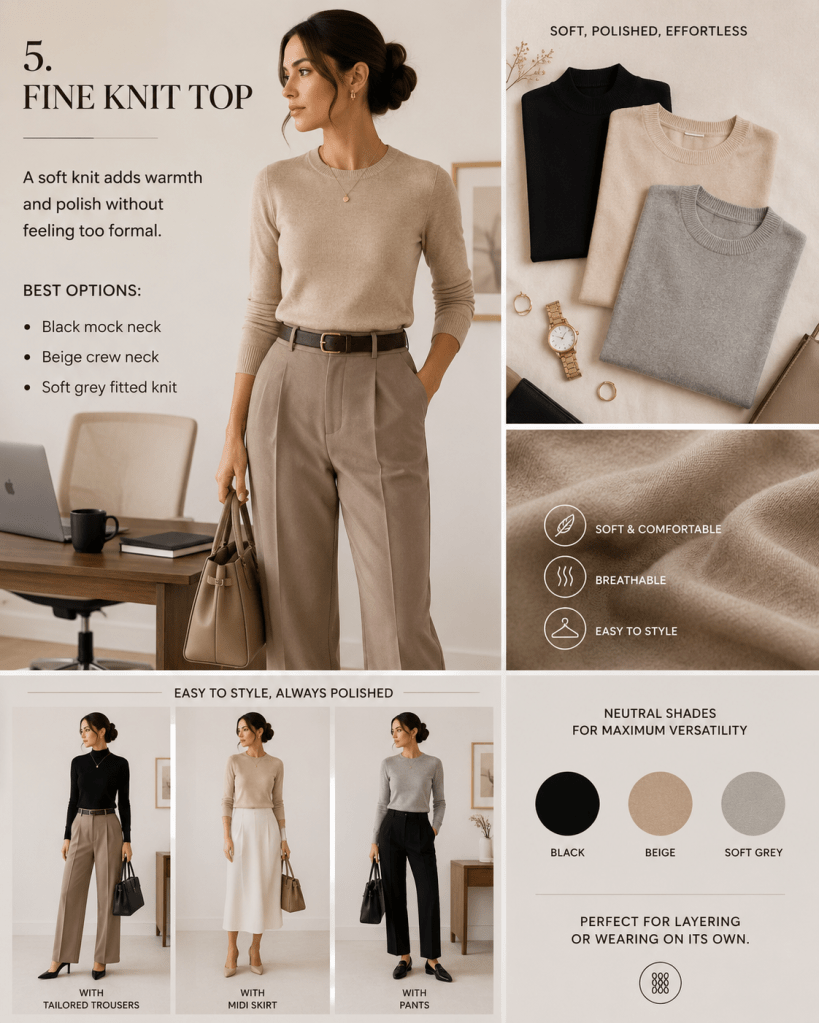 Fashion infographic featuring a fine knit top styled for office wear, showcasing neutral knit options, polished professional outfits, and versatile minimalist capsule wardrobe styling ideas.