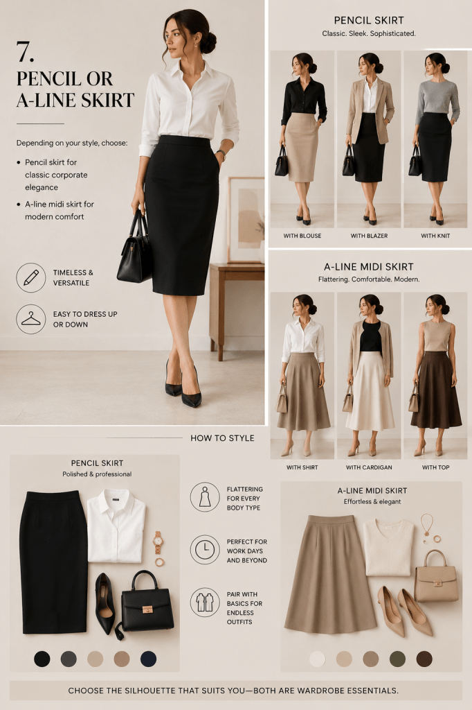 Fashion infographic featuring pencil and A-line skirts styled for office wear, showcasing classic corporate elegance, modern minimalist workwear outfits, and versatile professional styling inspiration.