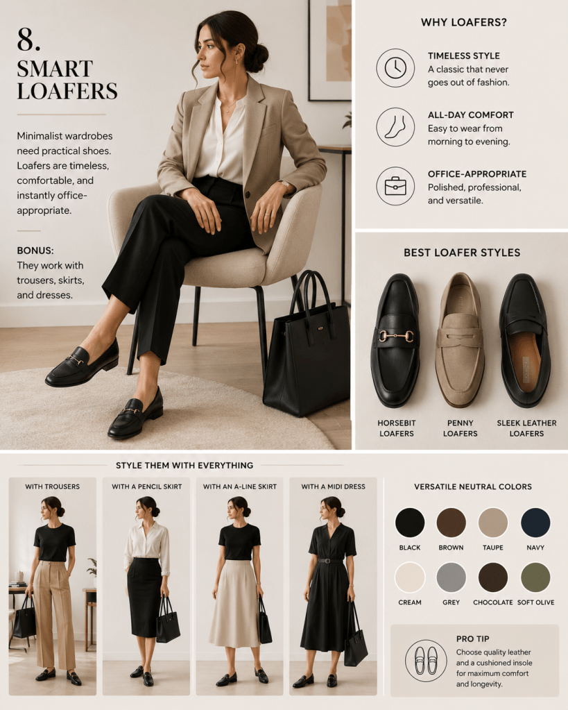Fashion infographic featuring smart loafers styled for office wear, showcasing timeless professional footwear, versatile outfit combinations, and minimalist workwear styling inspiration.