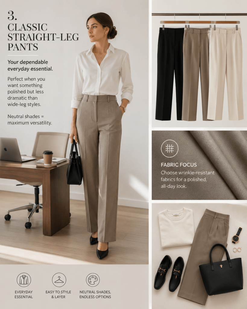 Fashion infographic featuring classic straight-leg pants styled for office wear, showcasing neutral-toned professional outfits, versatile styling ideas, and polished everyday workwear essentials.