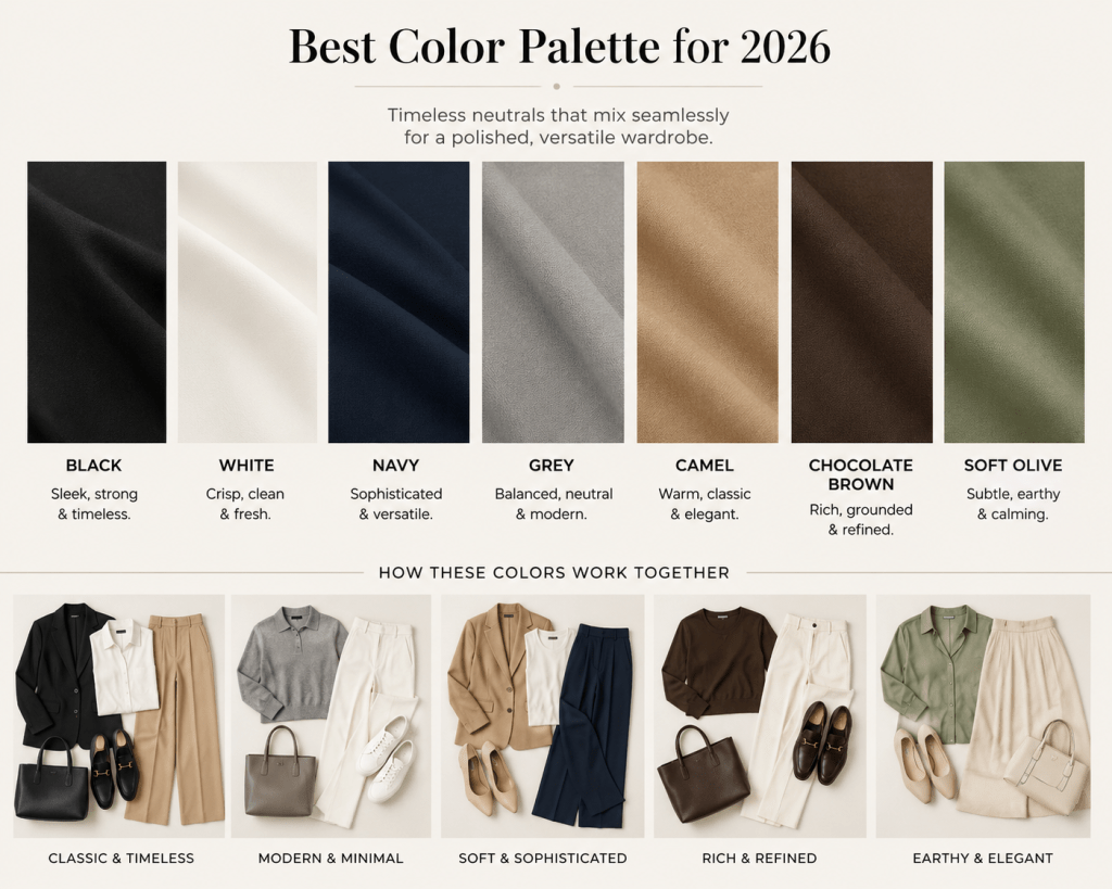 Minimalist fashion color palette infographic for 2026 featuring fabric swatches in black, white, navy, grey, camel, chocolate brown, and soft olive, with curated office outfit combinations showing how the neutral colors work together.