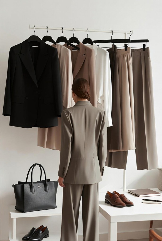 Minimalist office capsule wardrobe featuring neutral blazers, tailored trousers, blouses, loafers, tote bag, and chic professional workwear styling for 2026.