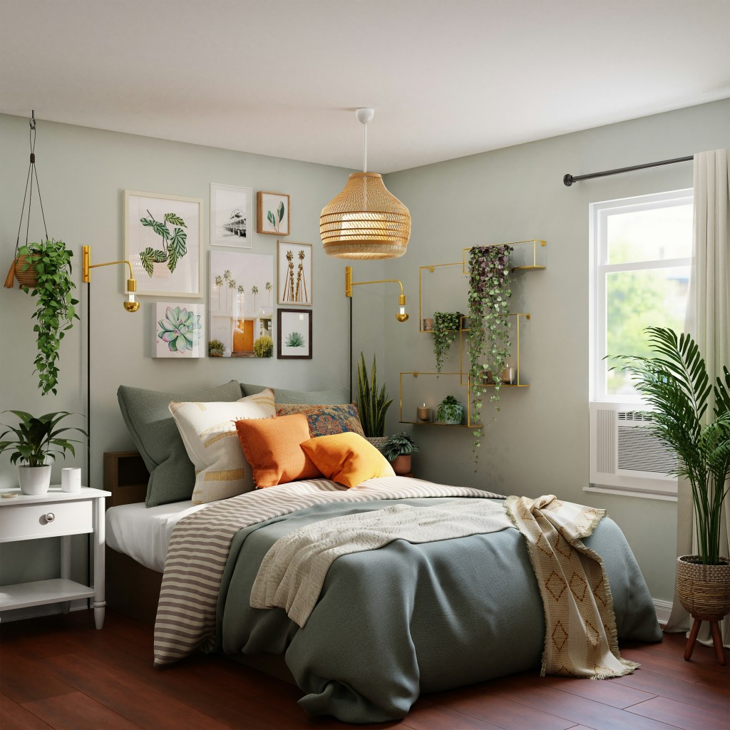 Cozy bedroom with green walls, a large bed adorned with decorative pillows, and a woven pendant light. The room features wall art, plants, and a window with natural light illuminating the space.