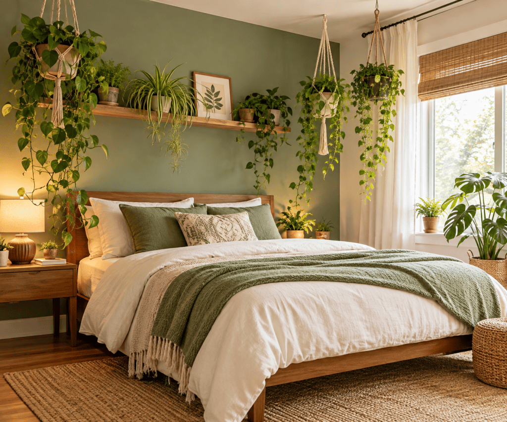 A cozy bedroom featuring a wooden bed with white bedding and green accents, surrounded by various hanging and potted plants, and a window dressed with light curtains.