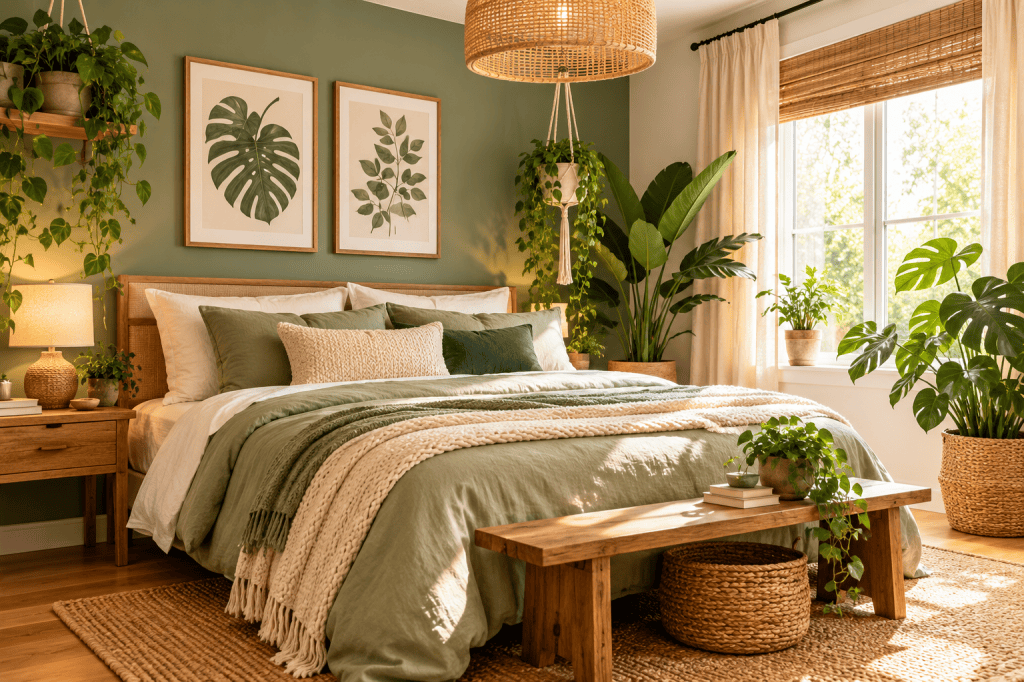 Bright botanical bedroom with sage-green bedding, natural wood furniture and leafy indoor plants.